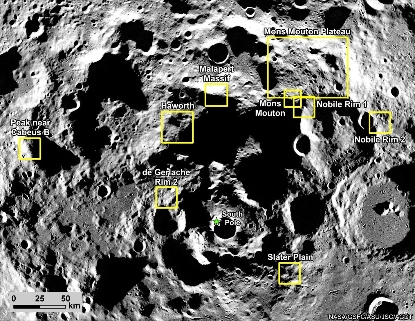 Map of nine candidate landing regions near the Moon's south pole