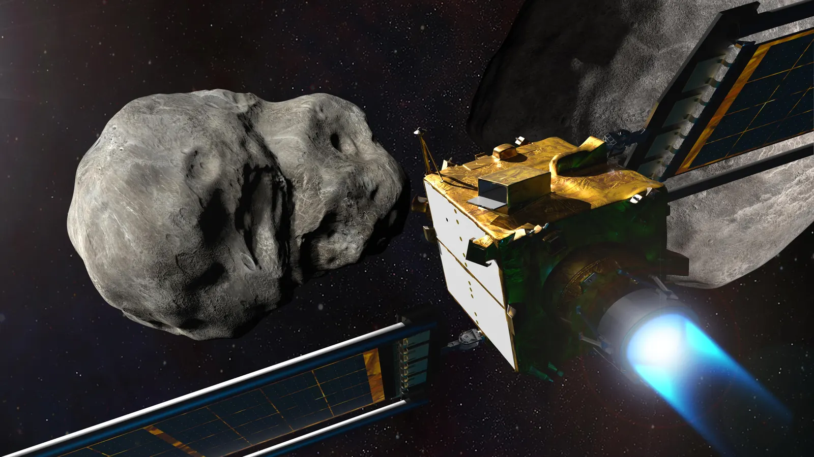 Illustration of the DART spacecraft with its solar arrays approaching a grey, lumpy asteroid in space