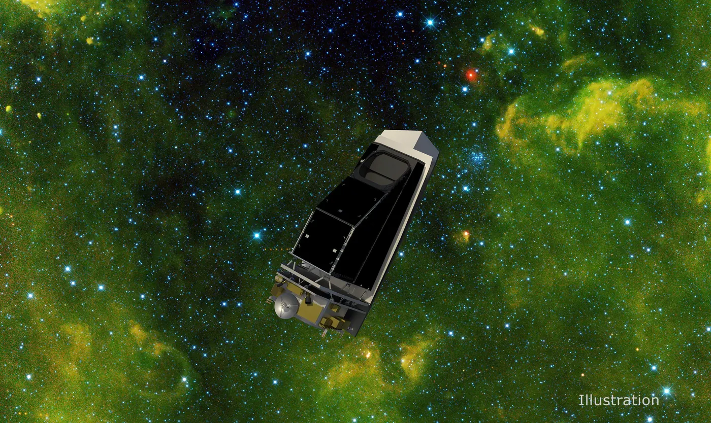 Illustration of the boxy NEO Surveyor space telescope floating in a green and red infrared starfield