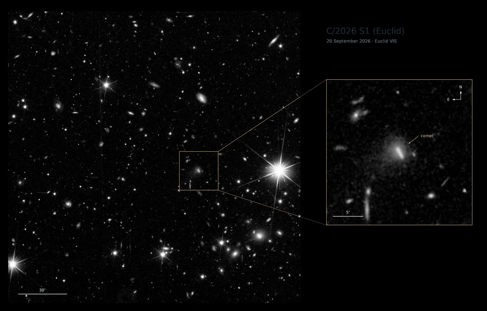 The wide Euclid image of galaxies and stars, with a box around a small fuzzy streak that is enlarged at right and labelled comet