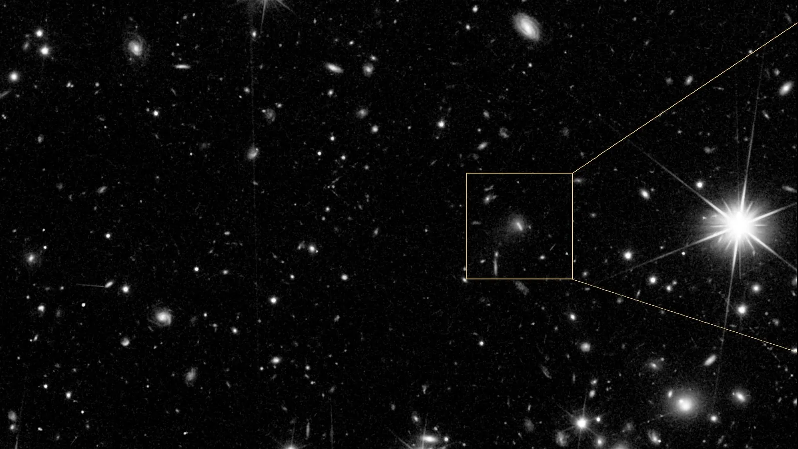 A black-and-white Euclid image of a field crowded with faint galaxies and a few bright stars, with a small box drawn around the newly found comet