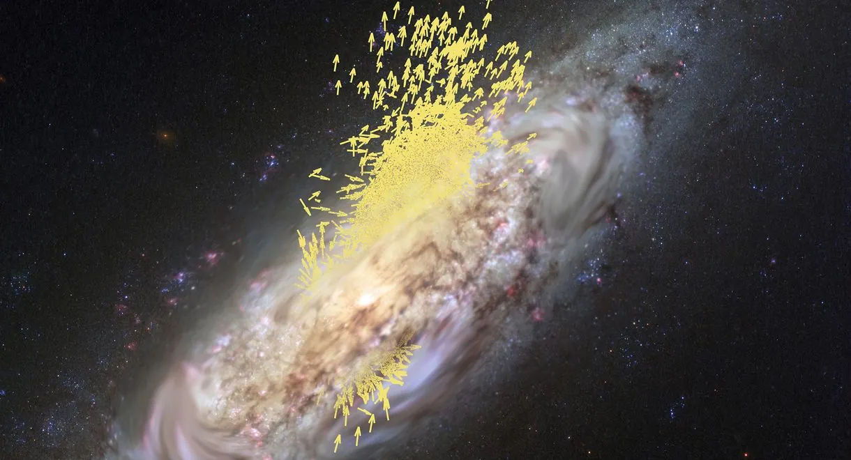 Artist's impression of a spiral galaxy with thousands of yellow arrows showing the motions of stars from an ancient merger
