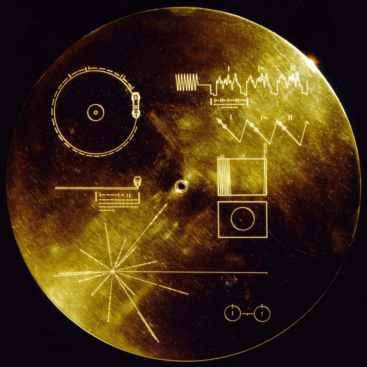 The gold record cover, engraved with diagrams of a stylus, waveforms, a starburst of pulsar lines and two circles