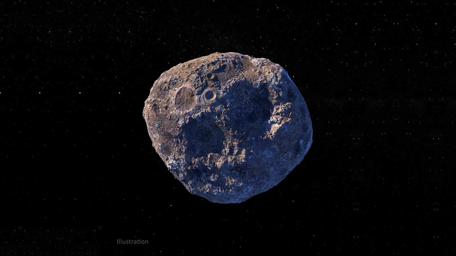 Illustration of asteroid Psyche: a lumpy, cratered, potato-shaped world with a grey-blue metallic surface patched with brown rock, against a starry sky