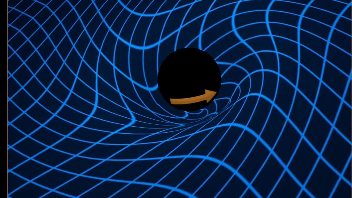 Illustration of a spinning black hole dragging the grid of spacetime around it