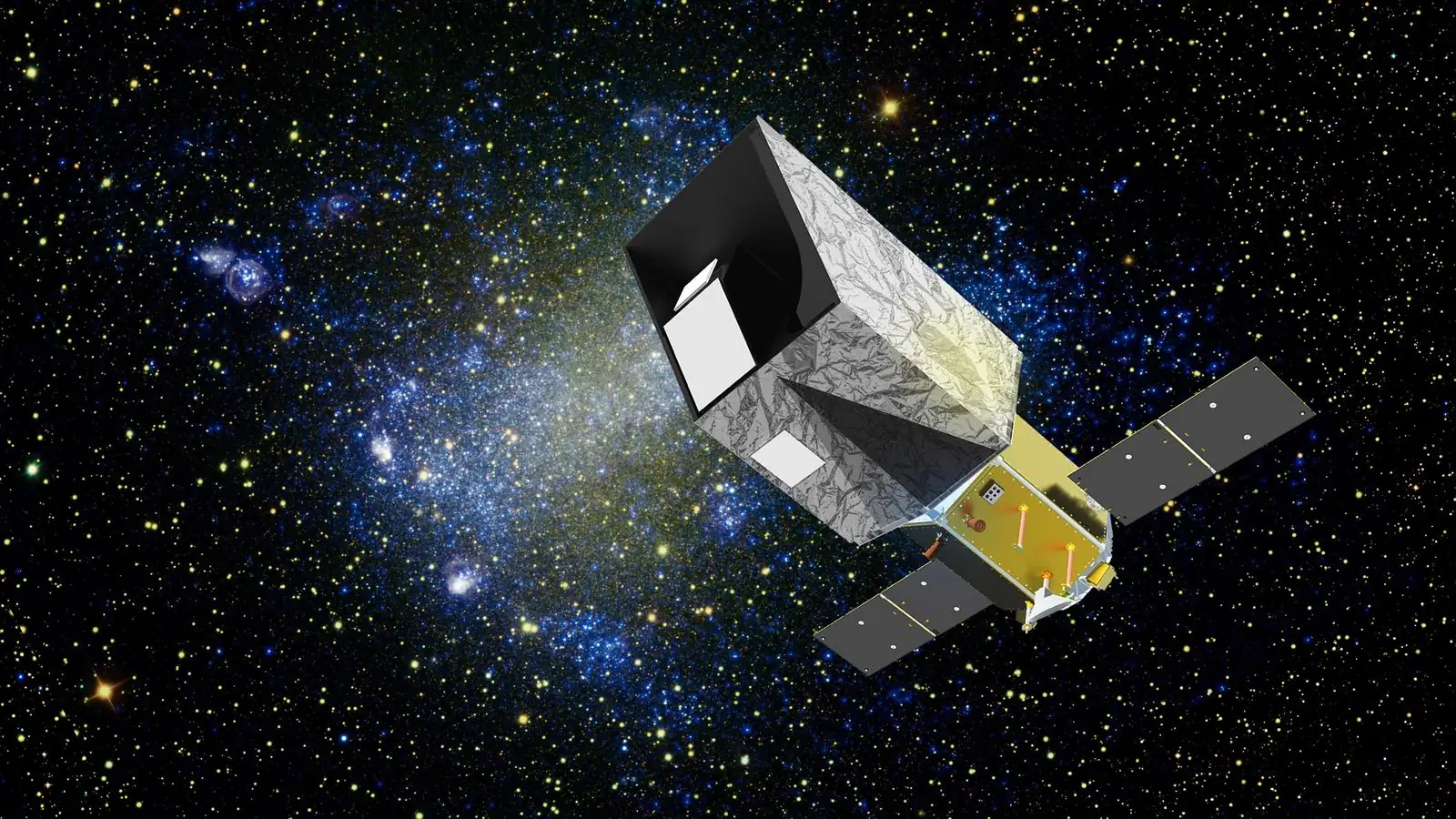 Artist's concept of the UVEX space telescope, a boxy silver telescope tube on a gold spacecraft with two solar panels, against a starry sky