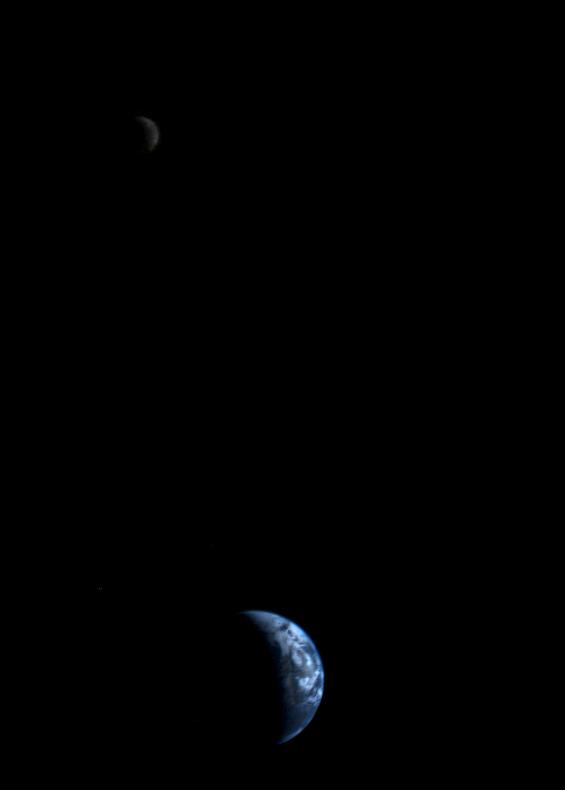 The Earth and the Moon in one frame, seen by Voyager 1