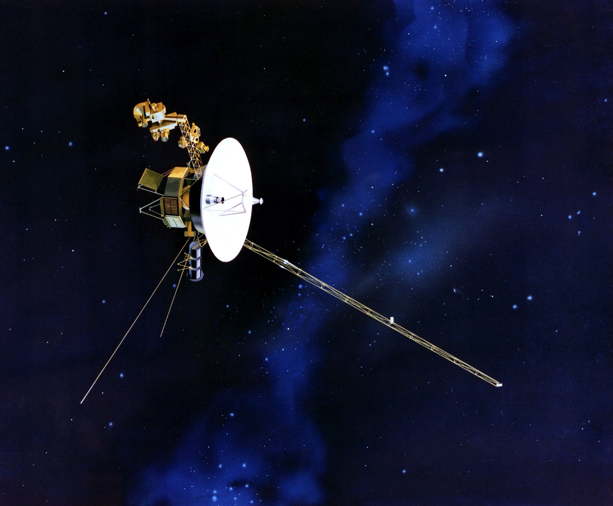 NASA illustration of the Voyager spacecraft, its white dish facing back toward Earth